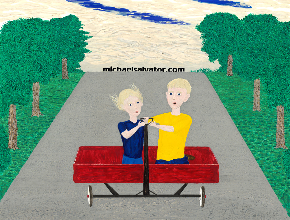 Painting: PILOTS, Children Hurtle Downhill in a Little Red Wagon, tempera on paper